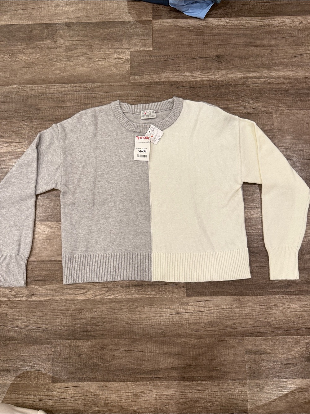 Poof! Two-Tone Crewneck Sweater in Gray & Cream